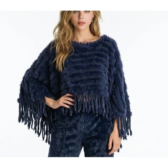 Unbranded Jackets & Blazers - Navy Blue Faux Fur Poncho Cape Fringe Women’s One Size Soft Cozy Wrap